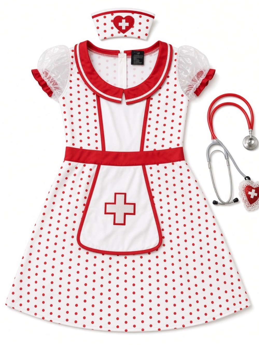 Woman’s Small Nurse Costume Dress Cap Stethoscope Polka Dot Halloween